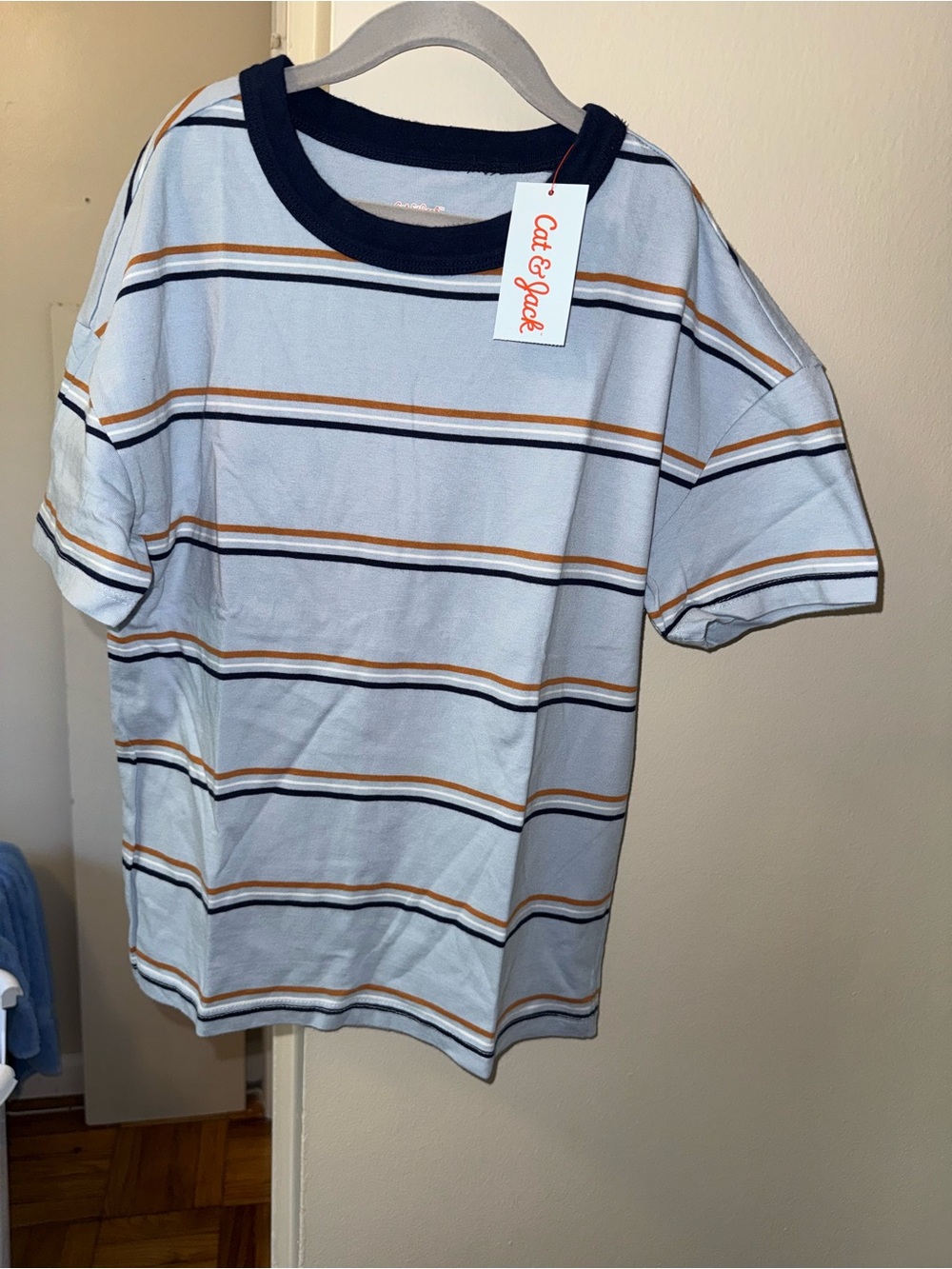 Cat & Jack Light Blue Striped Tee with Navy Trim and Tan Accents